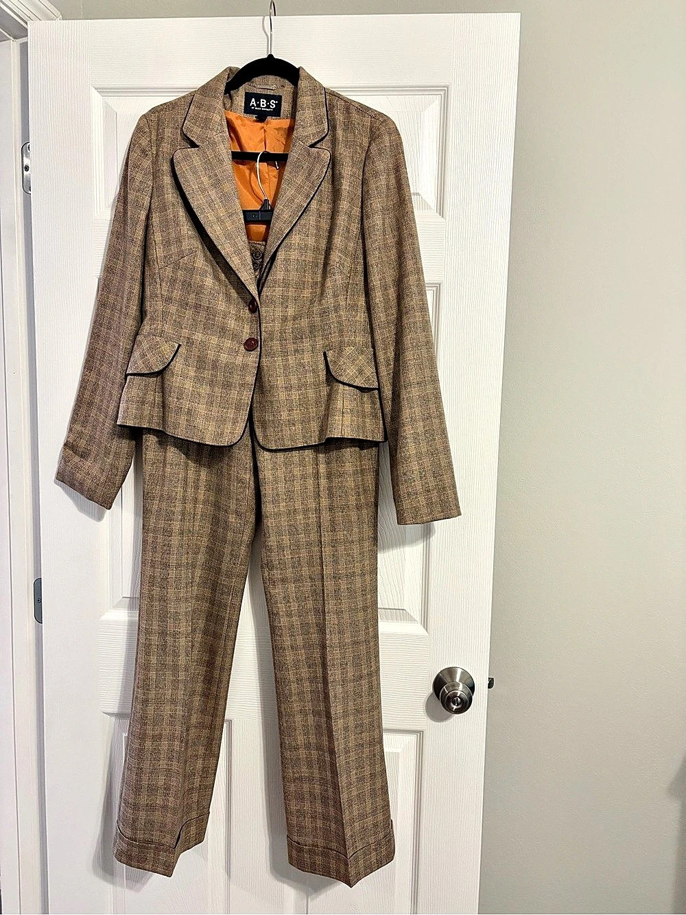A.B.S. by Allen Schwartz Plaid Pantsuit in Brown Size 12 Like New